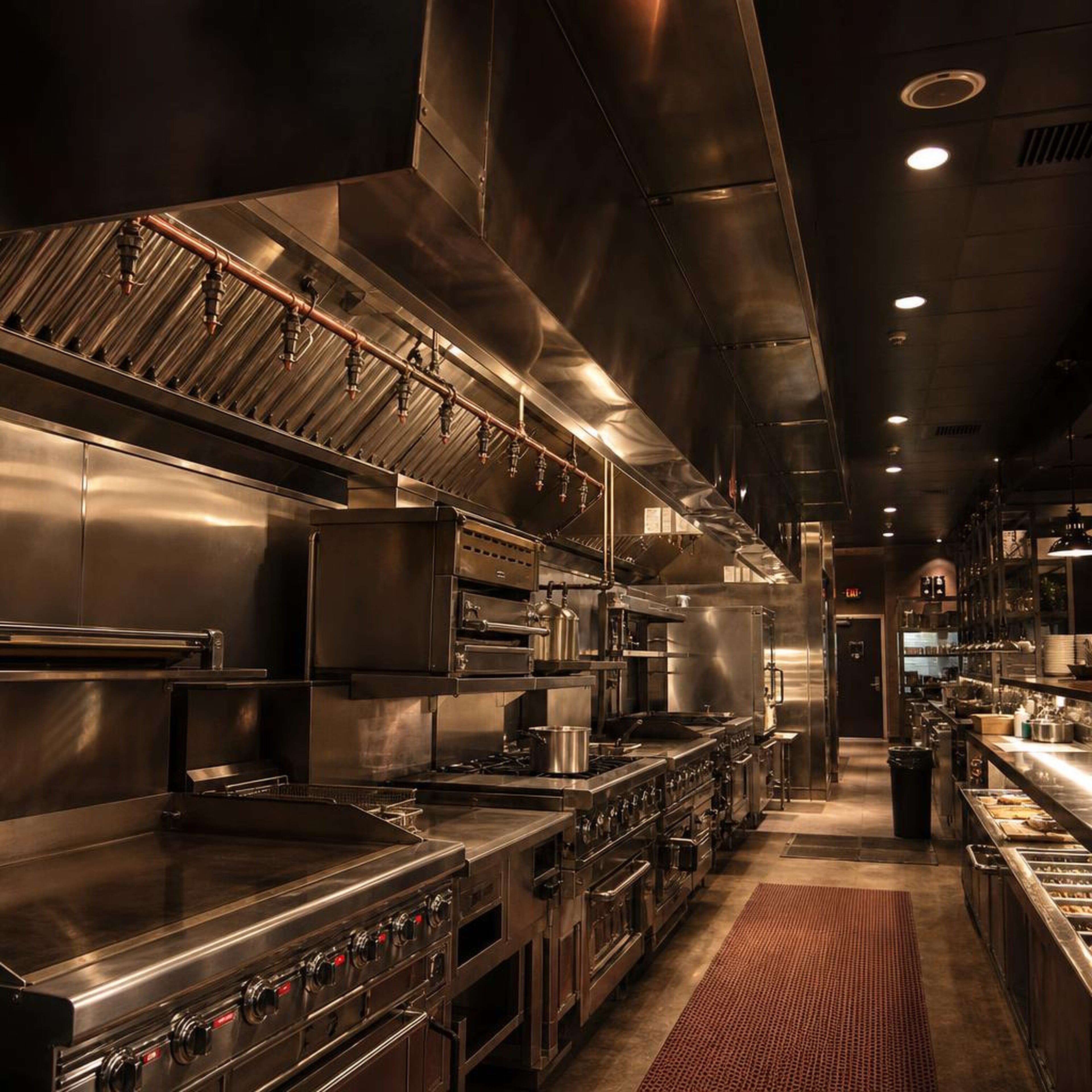 Fire suppression and exhaust systems installed above a commercial kitchen cook line