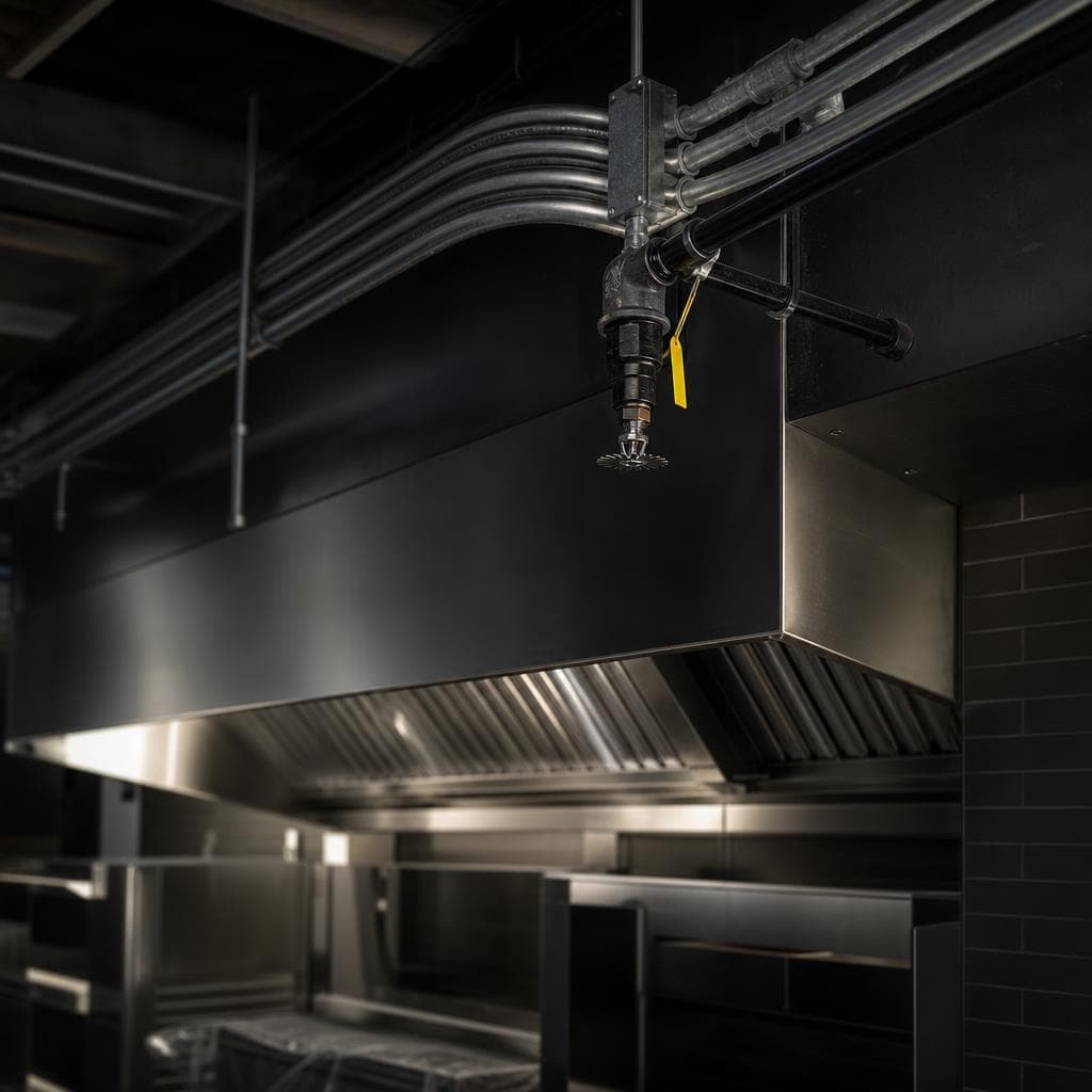 Fire suppression and electrical systems installed above a commercial kitchen hood